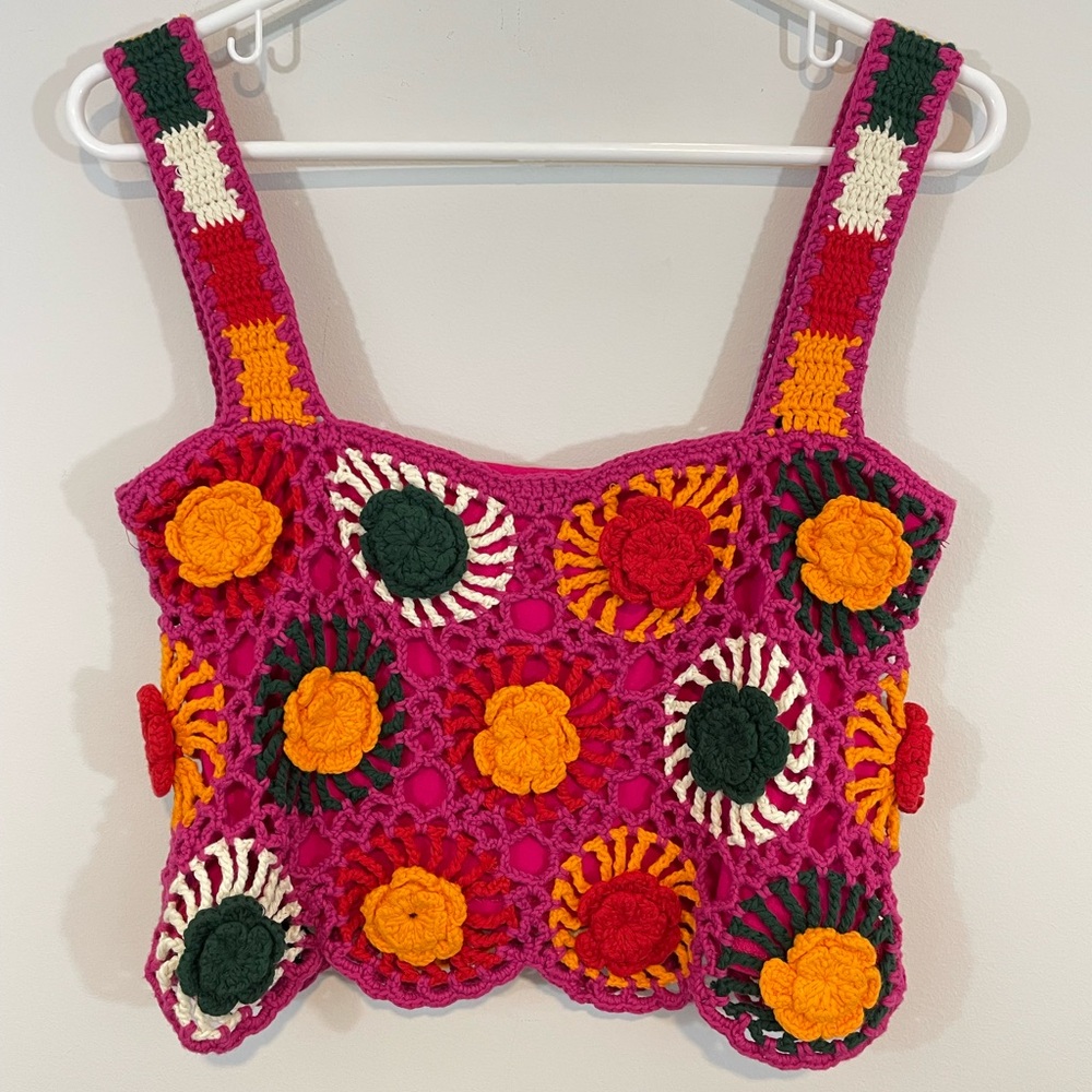 Farm Rio Crochet floral Top womens medium Knit Tank granny square boho festival